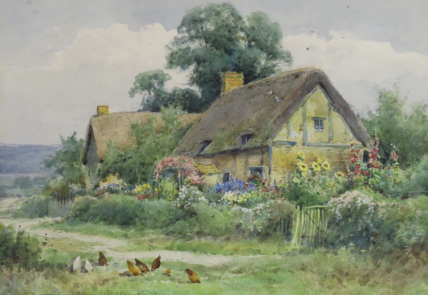 Henry John Sylvester Stannard (1870-1951), watercolour, Chickens beside a thatched cottage, signed, 24 x 34cm